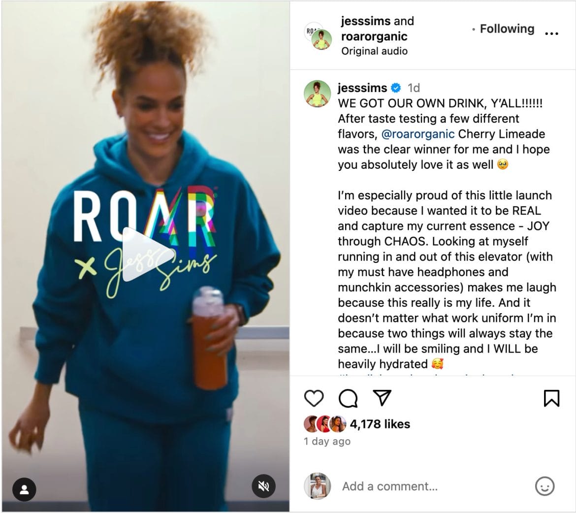 Jess Sims' Instagram post announcing collaboration with ROAR Organic.